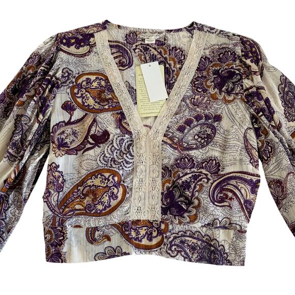 Band of the Free Mirabelle Cream Purple Paisley Boho Lace Crop Top Blouse Small - Picture 2 of 10